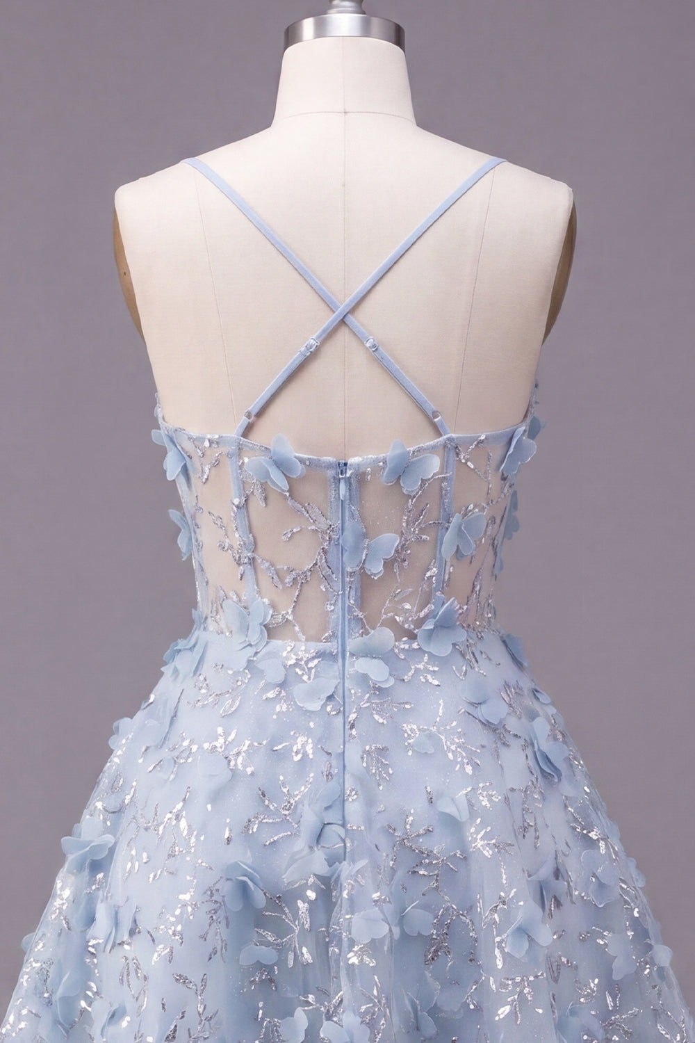 Spaghetti Straps Floral Sparkly Blue Short Sequin A Line Corset Homecoming Dress