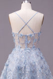 Spaghetti Straps Floral Sparkly Blue Short Sequin A Line Corset Homecoming Dress
