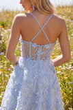 Spaghetti Straps Floral Sparkly Blue Short Sequin A Line Corset Homecoming Dress