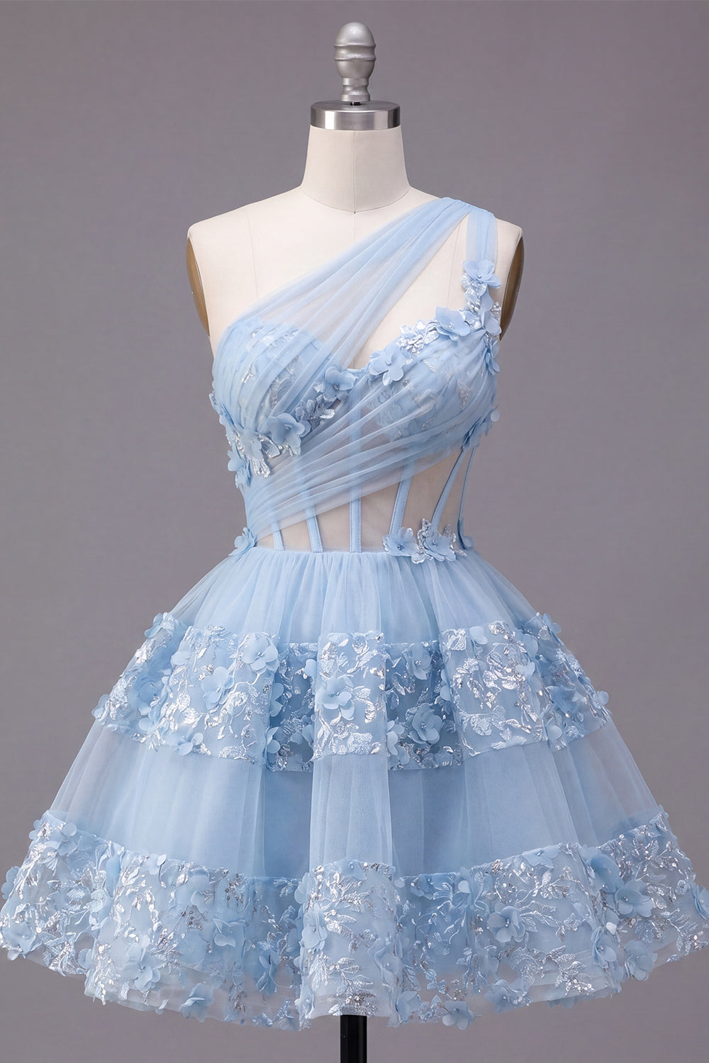 Corset Keyhole Floral Sparkly Blue Short Sequin A Line Homecoming Dress with Ruffles