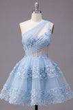 Corset Keyhole Floral Sparkly Blue Short Sequin A Line Homecoming Dress with Ruffles