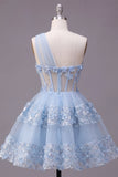 Corset Keyhole Floral Sparkly Blue Short Sequin A Line Homecoming Dress with Ruffles