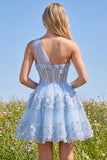 Corset Keyhole Floral Sparkly Blue Short Sequin A Line Homecoming Dress with Ruffles