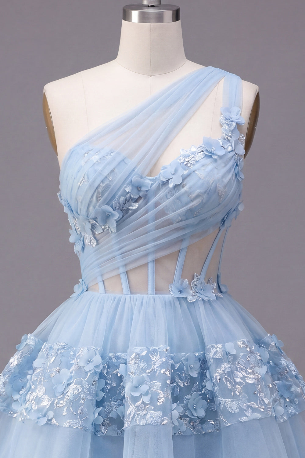 Corset Keyhole Floral Sparkly Blue Short Sequin A Line Homecoming Dress with Ruffles