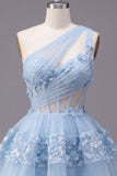Corset Keyhole Floral Sparkly Blue Short Sequin A Line Homecoming Dress with Ruffles