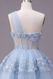 Corset Keyhole Floral Sparkly Blue Short Sequin A Line Homecoming Dress with Ruffles
