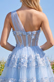 Corset Keyhole Floral Sparkly Blue Short Sequin A Line Homecoming Dress with Ruffles