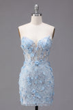 Corset Floral Sparkly Blue Tight Short Strapless Homecoming Dress with Beading