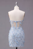 Corset Floral Sparkly Blue Tight Short Strapless Homecoming Dress with Beading