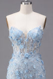 Corset Floral Sparkly Blue Tight Short Strapless Homecoming Dress with Beading