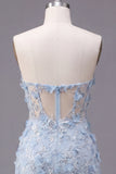 Corset Floral Sparkly Blue Tight Short Strapless Homecoming Dress with Beading