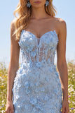 Corset Floral Sparkly Blue Tight Short Strapless Homecoming Dress with Beading