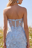 Corset Floral Sparkly Blue Tight Short Strapless Homecoming Dress with Beading