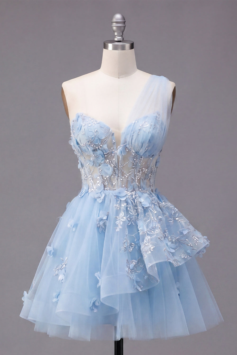 Sparkly Blue Short Beaded Corset Floral A Line Homecoming Dress with Ruffles