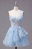 Sparkly Blue Short Beaded Corset Floral A Line Homecoming Dress with Ruffles