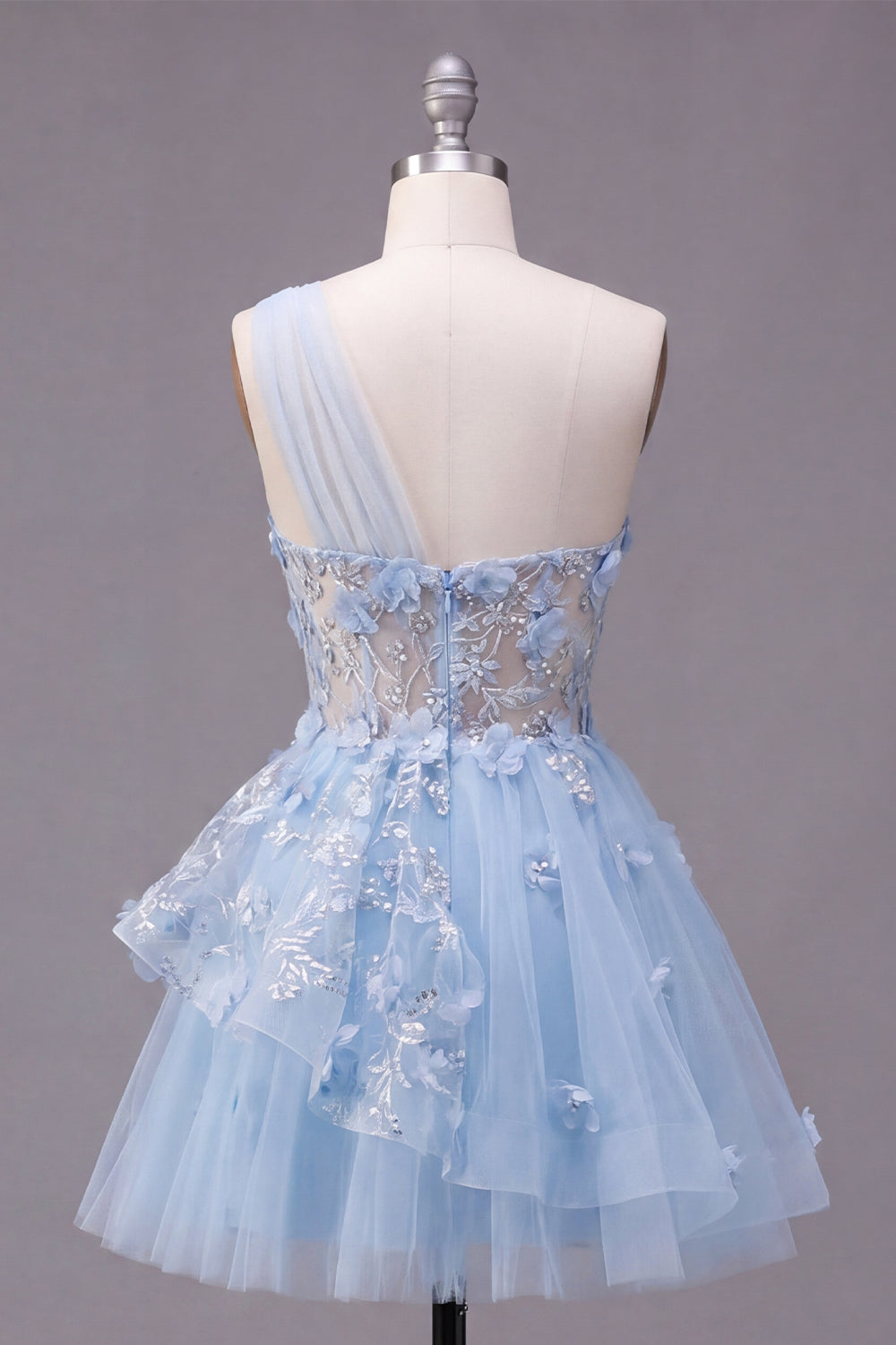 Sparkly Blue Short Beaded Corset Floral A Line Homecoming Dress with Ruffles