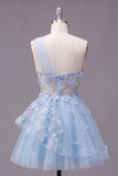 Sparkly Blue Short Beaded Corset Floral A Line Homecoming Dress with Ruffles