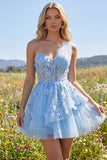 Sparkly Blue Short Beaded Corset Floral A Line Homecoming Dress with Ruffles
