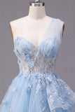 Sparkly Blue Short Beaded Corset Floral A Line Homecoming Dress with Ruffles