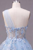 Sparkly Blue Short Beaded Corset Floral A Line Homecoming Dress with Ruffles