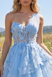 Sparkly Blue Short Beaded Corset Floral A Line Homecoming Dress with Ruffles