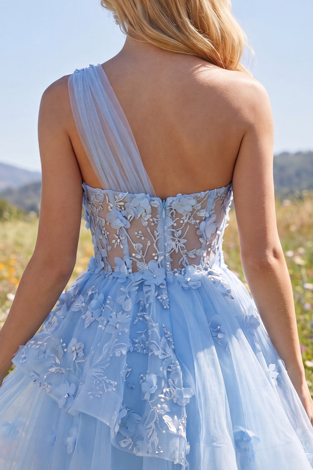Sparkly Blue Short Beaded Corset Floral A Line Homecoming Dress with Ruffles