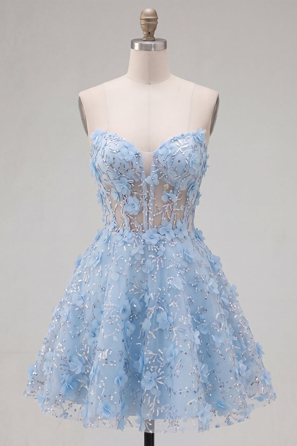 A Line Corset Floral Sparkly Blue Short Strapless Homecoming Dress with Beading