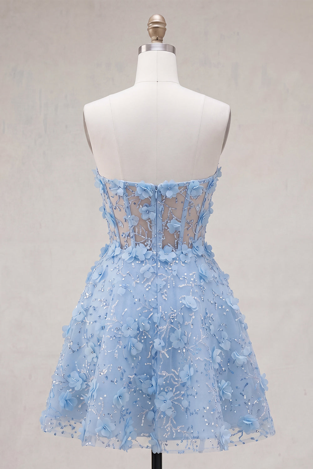 A Line Corset Floral Sparkly Blue Short Strapless Homecoming Dress with Beading