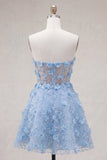 A Line Corset Floral Sparkly Blue Short Strapless Homecoming Dress with Beading