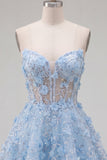 A Line Corset Floral Sparkly Blue Short Strapless Homecoming Dress with Beading