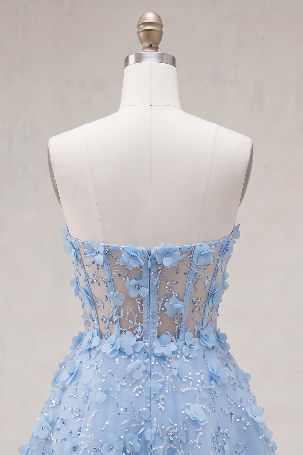 A Line Corset Floral Sparkly Blue Short Strapless Homecoming Dress with Beading