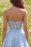 A Line Corset Floral Sparkly Blue Short Strapless Homecoming Dress with Beading