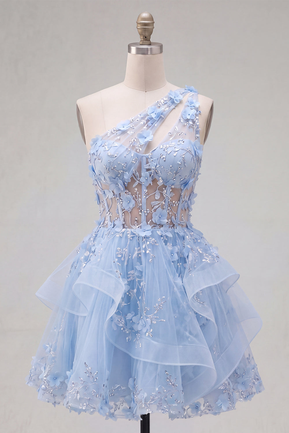Keyhole Sparkly Blue Short Beaded Corset Floral A Line Homecoming Dress with Ruffles