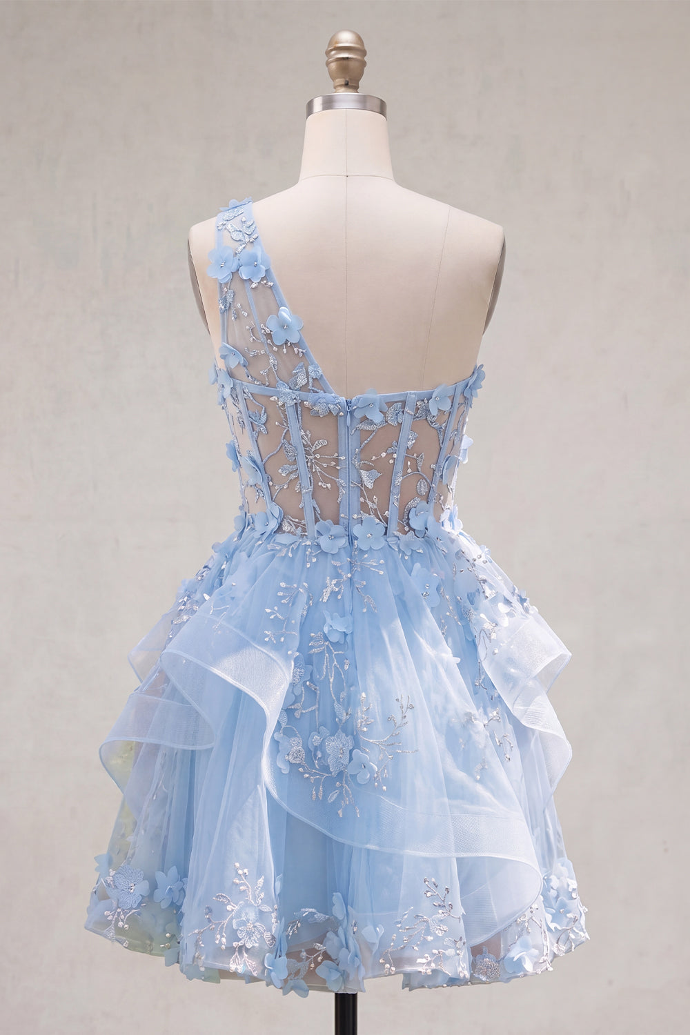 Keyhole Sparkly Blue Short Beaded Corset Floral A Line Homecoming Dress with Ruffles
