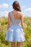 Keyhole Sparkly Blue Short Beaded Corset Floral A Line Homecoming Dress with Ruffles