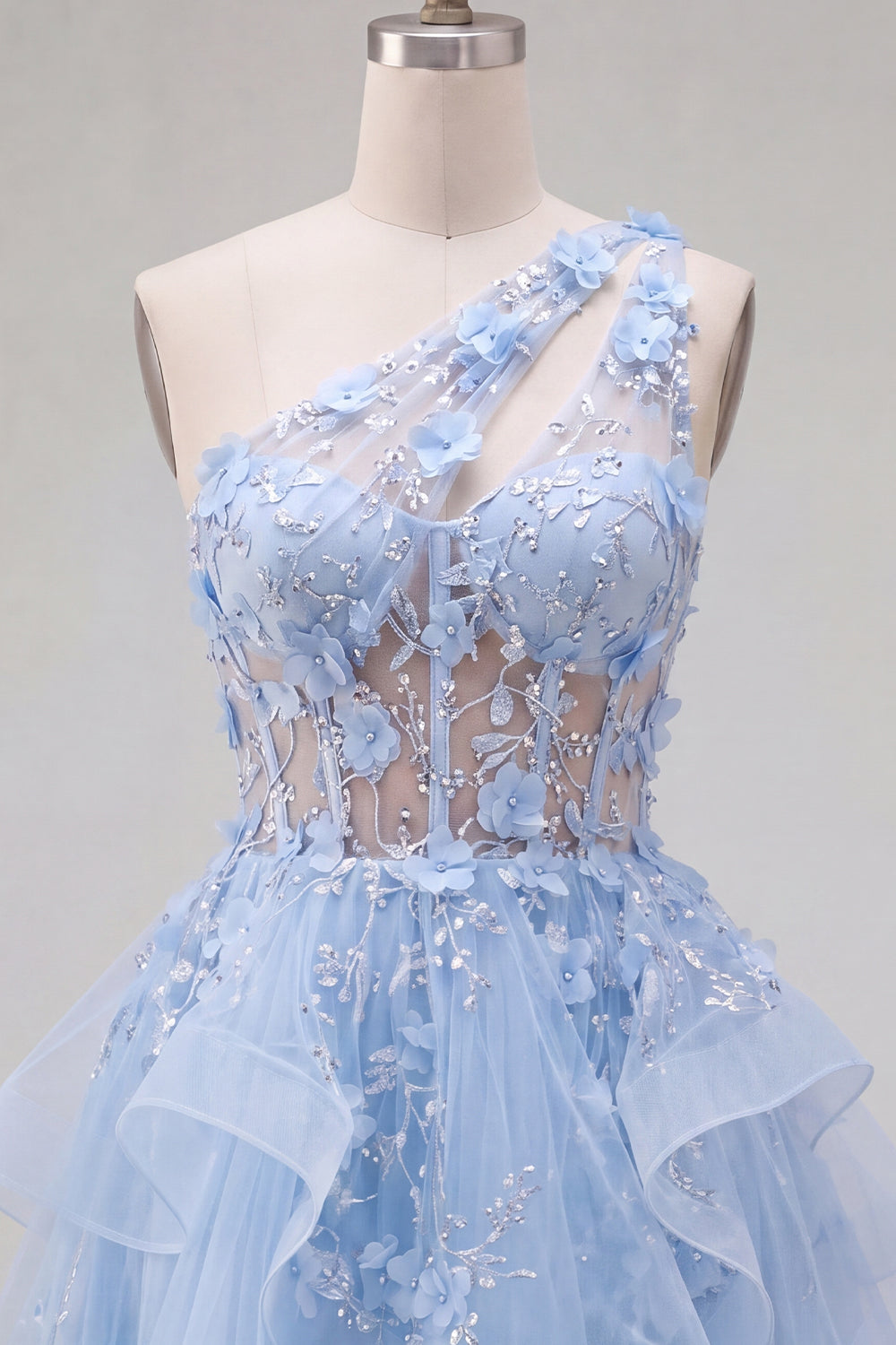 Keyhole Sparkly Blue Short Beaded Corset Floral A Line Homecoming Dress with Ruffles