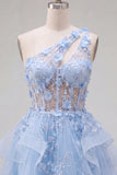 Keyhole Sparkly Blue Short Beaded Corset Floral A Line Homecoming Dress with Ruffles