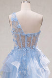 Keyhole Sparkly Blue Short Beaded Corset Floral A Line Homecoming Dress with Ruffles