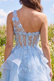Keyhole Sparkly Blue Short Beaded Corset Floral A Line Homecoming Dress with Ruffles