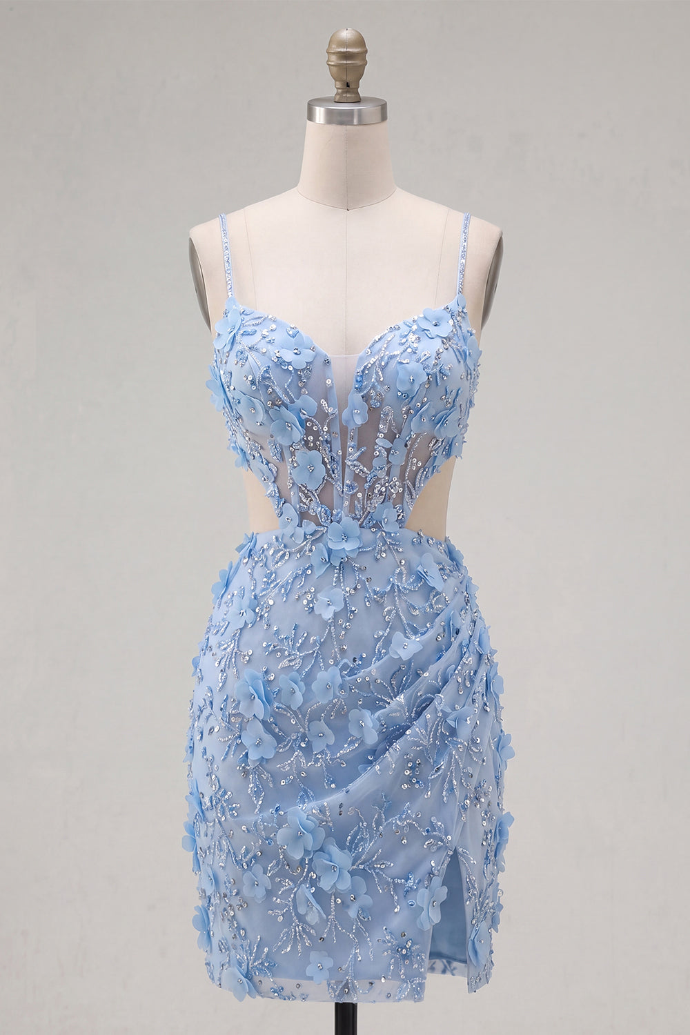Floral Sparkly Blue Corset Tight Short Cut Out Beaded Homecoming Dress with Slit