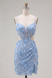 Floral Sparkly Blue Corset Tight Short Cut Out Beaded Homecoming Dress with Slit