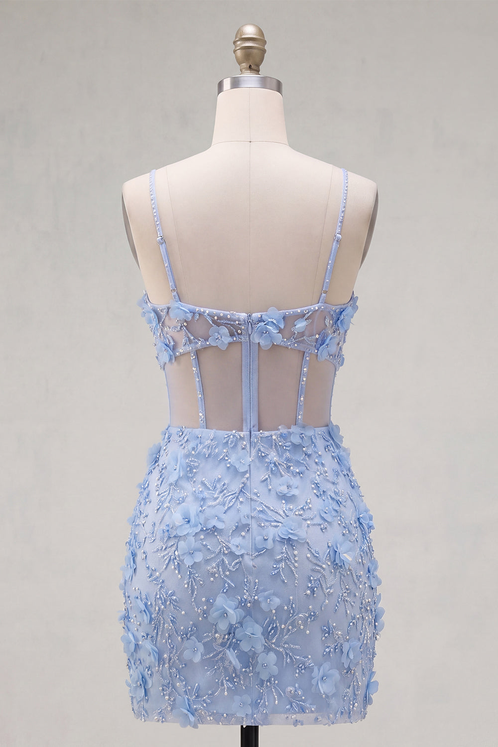 Floral Sparkly Blue Corset Tight Short Cut Out Beaded Homecoming Dress with Slit