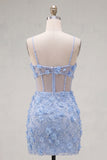 Floral Sparkly Blue Corset Tight Short Cut Out Beaded Homecoming Dress with Slit