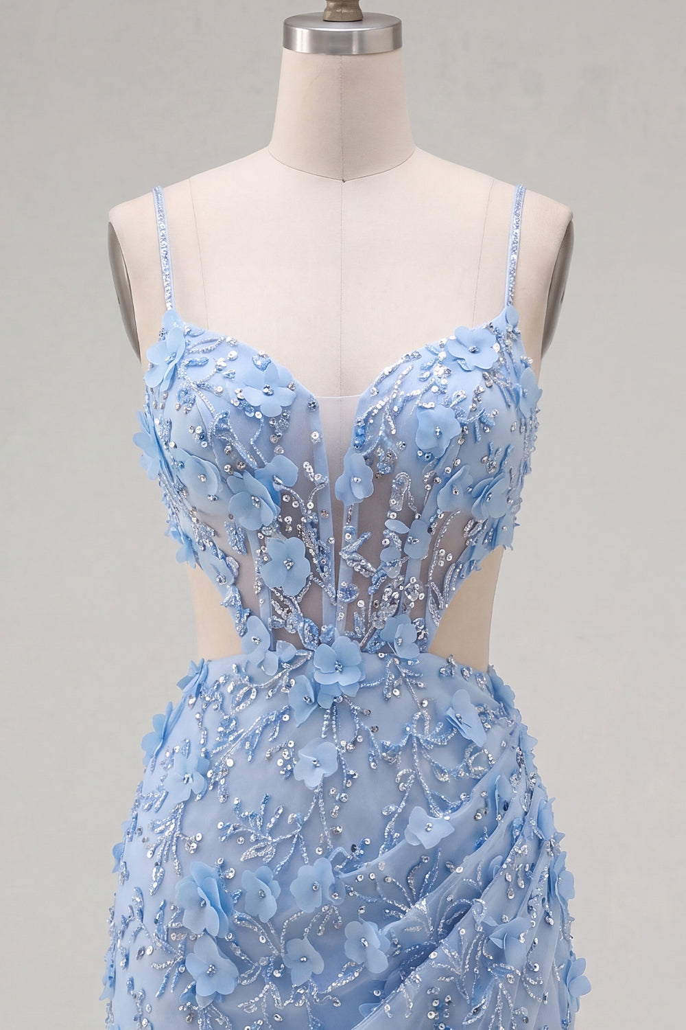 Floral Sparkly Blue Corset Tight Short Cut Out Beaded Homecoming Dress with Slit