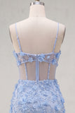Floral Sparkly Blue Corset Tight Short Cut Out Beaded Homecoming Dress with Slit