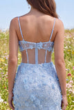 Floral Sparkly Blue Corset Tight Short Cut Out Beaded Homecoming Dress with Slit