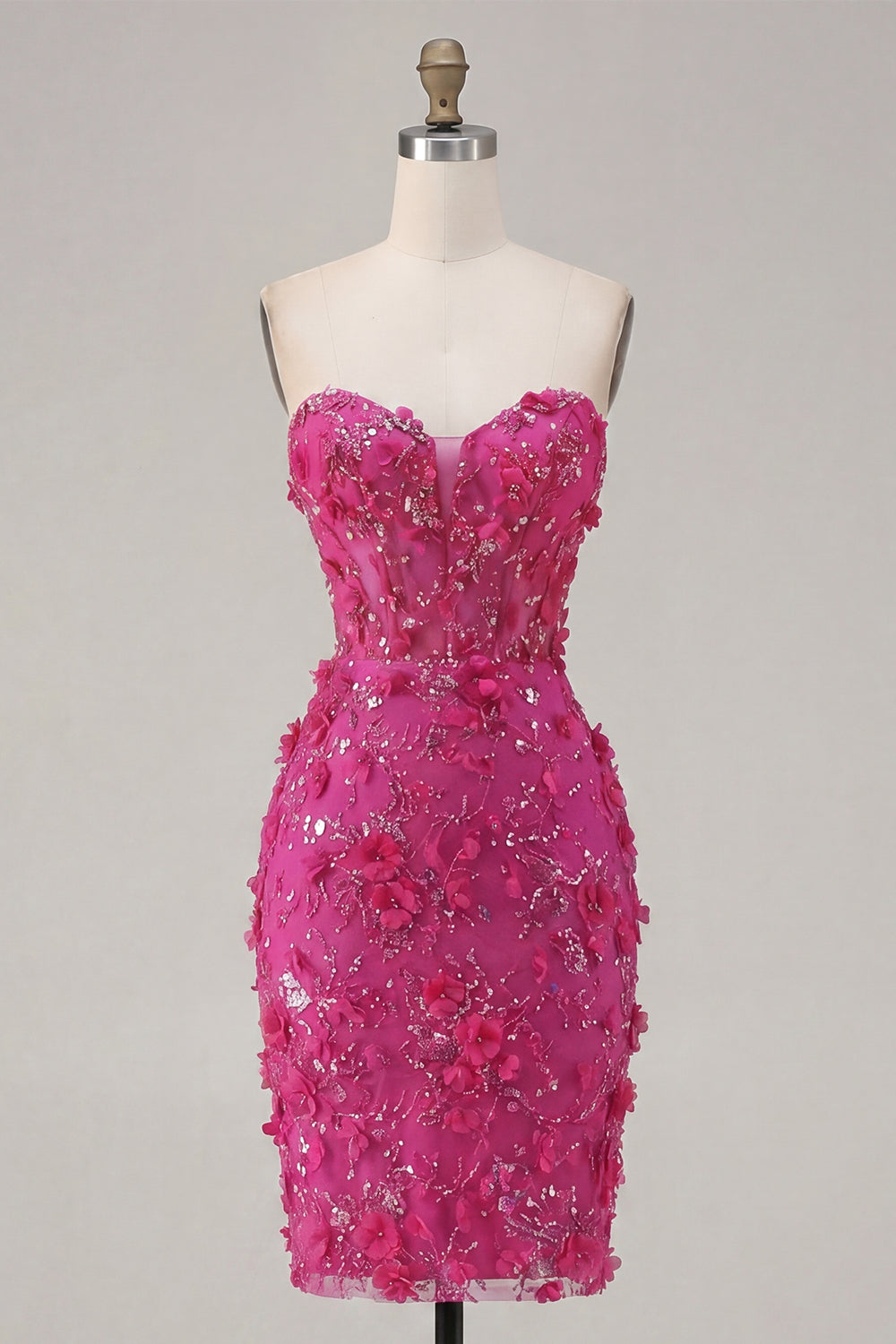 Sparkly Fuchsia Corset Floral Tight Short Sweetheart Homecoming Dress with Beading