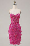 Sparkly Fuchsia Corset Floral Tight Short Sweetheart Homecoming Dress with Beading