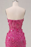 Sparkly Fuchsia Corset Floral Tight Short Sweetheart Homecoming Dress with Beading