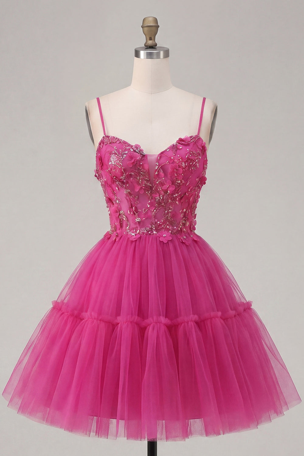 A Line Sparkly Fuchsia Corset Floral Beaded Short Spaghetti Straps Homecoming Dress